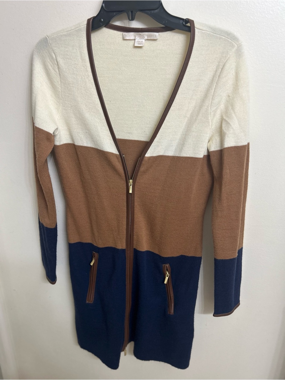 Boston Proper Colorblock Zip-Front Cardigan - Cream, Camel & Navy